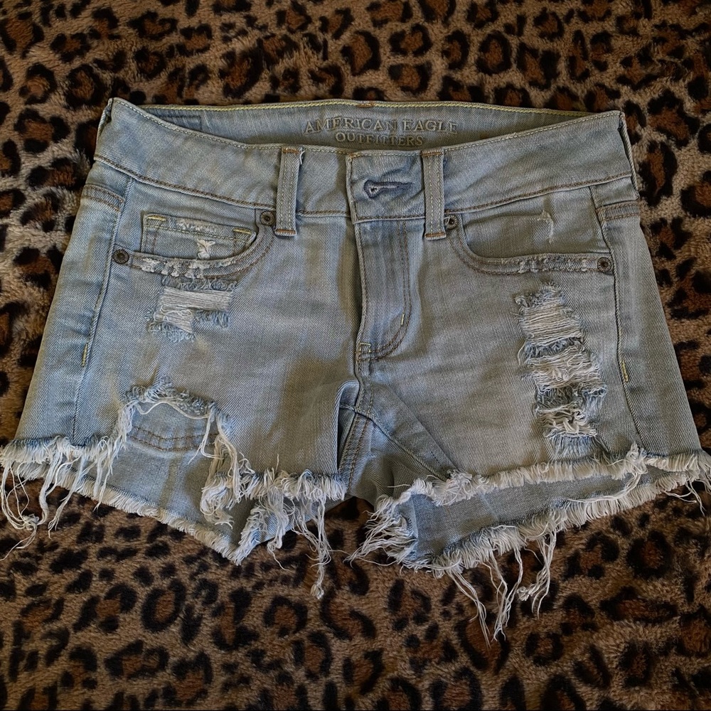 American Eagle light wash distressed jean shorts, size 2